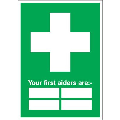 Your First Aiders Are " " - Safety Sign