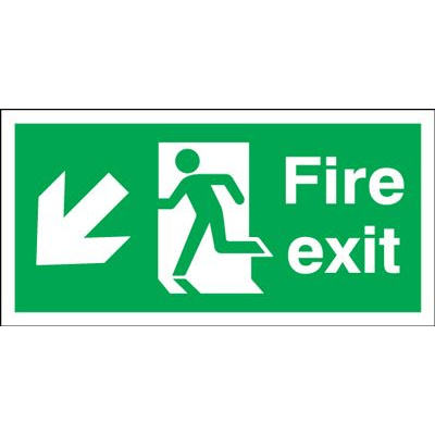 Arrow Down Left & Running Man Fire Exit Safety Sign - Landscape