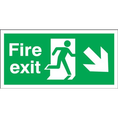 Arrow Down Right & Running Man Fire Exit Safety Sign - Landscape