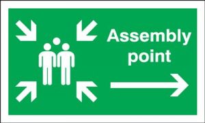 Assembly Point & Arrow Right Fire Action Safety Sign - Landscape