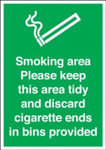 Smoking Area Discard All Cigarette Ends In Bins Safety Sign