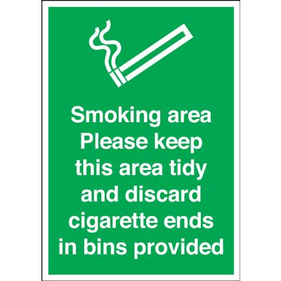 Smoking Area Discard All Cigarette Ends In Bins Safety Sign