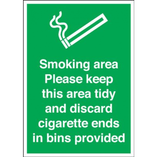 Smoking Area Discard All Cigarette Ends In Bins Safety Sign