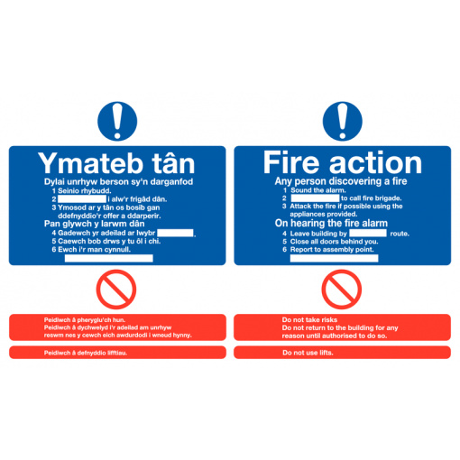 Welsh / English Fire Action Multilingual Safety Sign