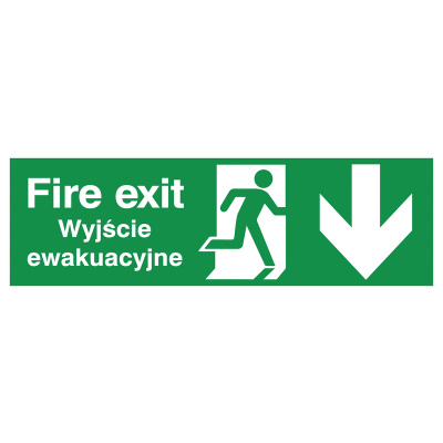 English/Polish Fire Exit (Symbol) Arrow Down Safety Sign