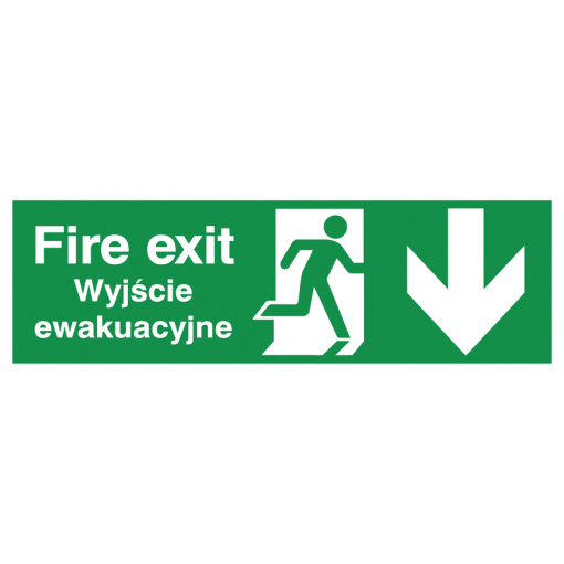 English/Polish Fire Exit (Symbol) Arrow Down Safety Sign
