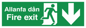 English/Welsh Fire Exit (Symbol) Arrow Down Safety Sign