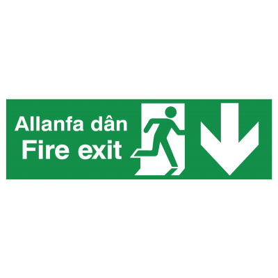 English/Welsh Fire Exit (Symbol) Arrow Down Safety Sign