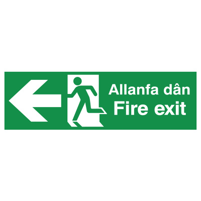 English/Welsh Fire Exit (Symbol) Arrow Left Safety Sign