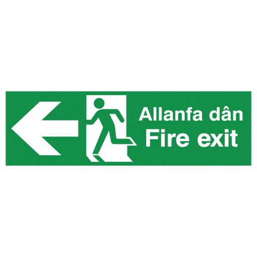 English/Welsh Fire Exit (Symbol) Arrow Left Safety Sign