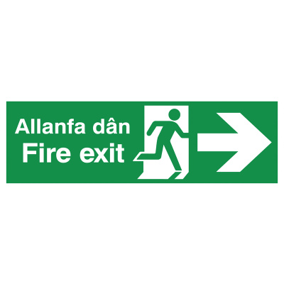 English/Welsh Fire Exit (Symbol) Arrow Right Safety Sign