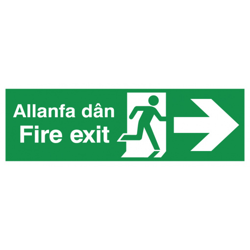 English/Welsh Fire Exit (Symbol) Arrow Right Safety Sign