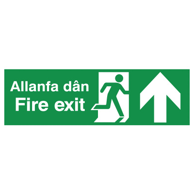 English/Welsh Fire Exit (Symbol) Arrow Up Safety Sign
