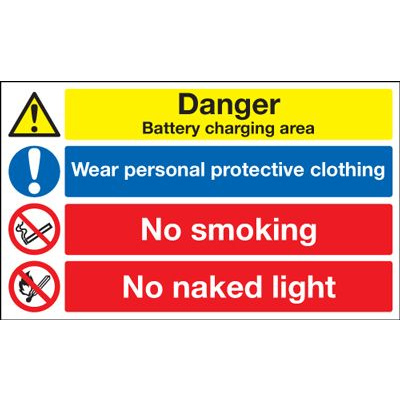Battery Charging Area / Wear Protective Clothing Safety Sign - Landscape