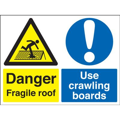 Danger Fragile Roof Use Crawling Boards Multi Message Safety Sign - Landscape